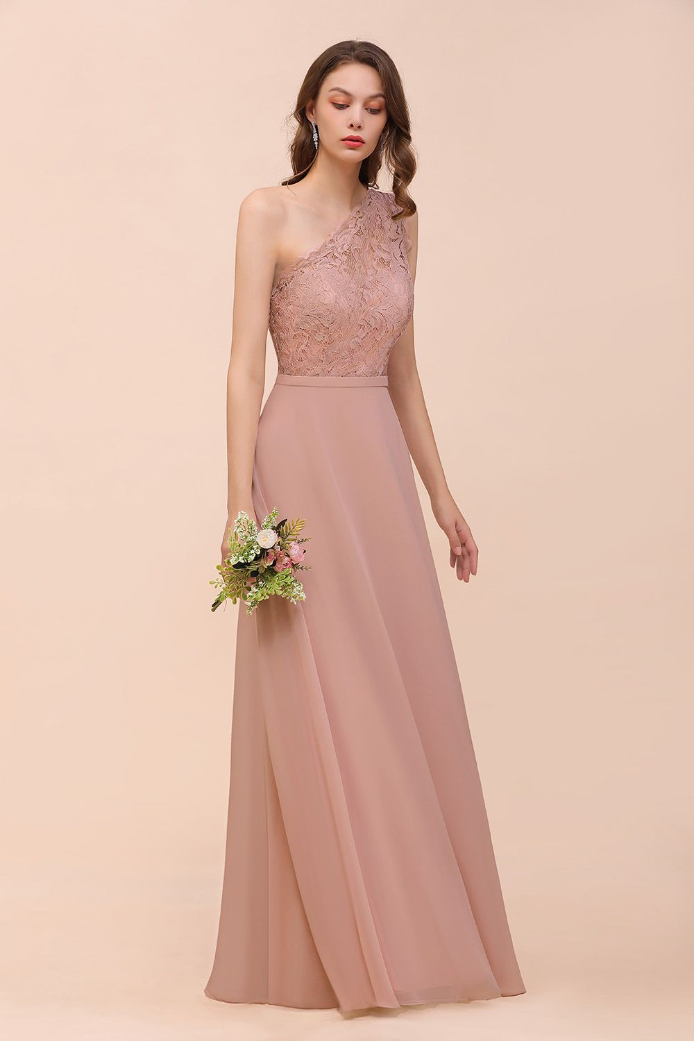 New Arrival Dusty Rose One Shoulder Lace Long Bridesmaid Dresses