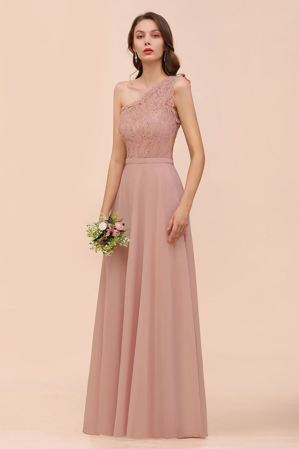 New Arrival Dusty Rose One Shoulder Lace Long Bridesmaid Dresses