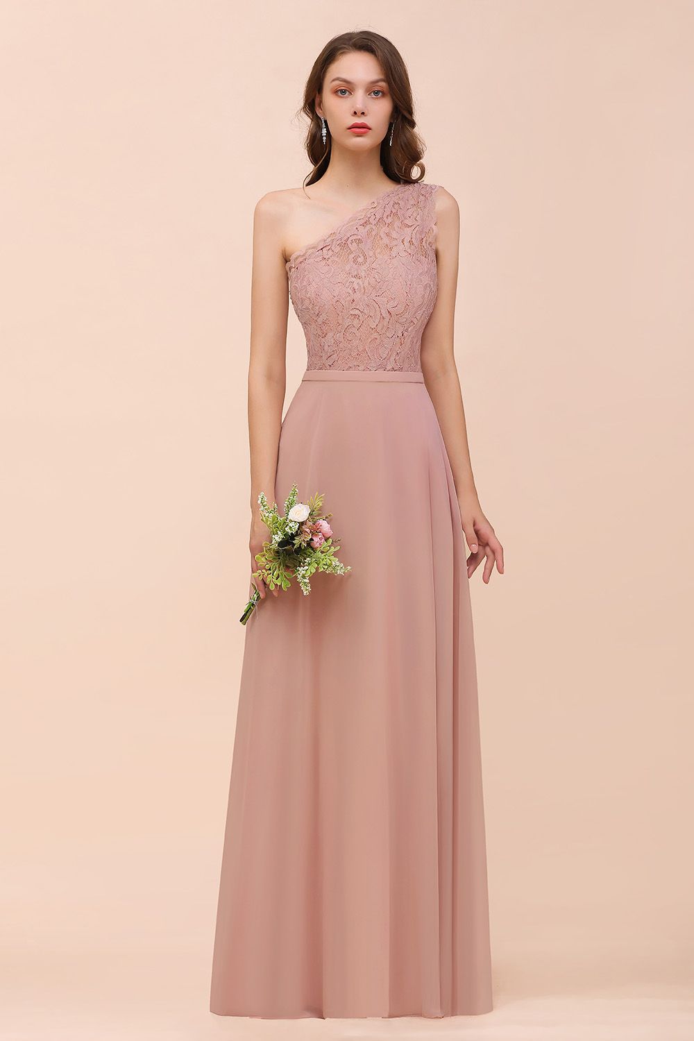 New Arrival Dusty Rose One Shoulder Lace Long Bridesmaid Dresses