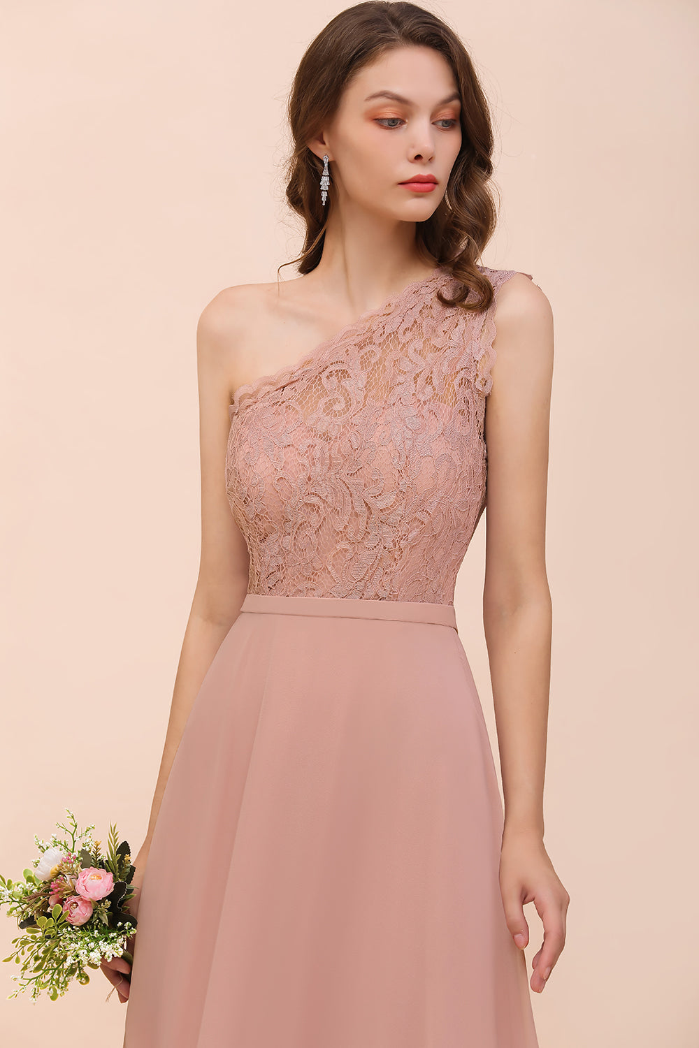 New Arrival Dusty Rose One Shoulder Lace Long Bridesmaid Dresses