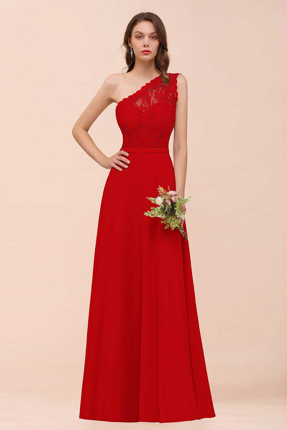 New Arrival Dusty Rose One Shoulder Lace Long Bridesmaid Dresses