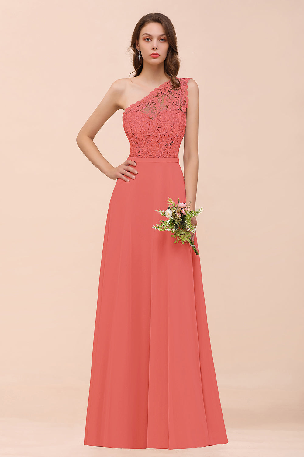 New Arrival Dusty Rose One Shoulder Lace Long Bridesmaid Dresses