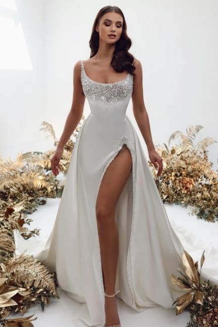 Noble Square Neck Sleeveless A-Line Satin Wedding Gown with Pearls