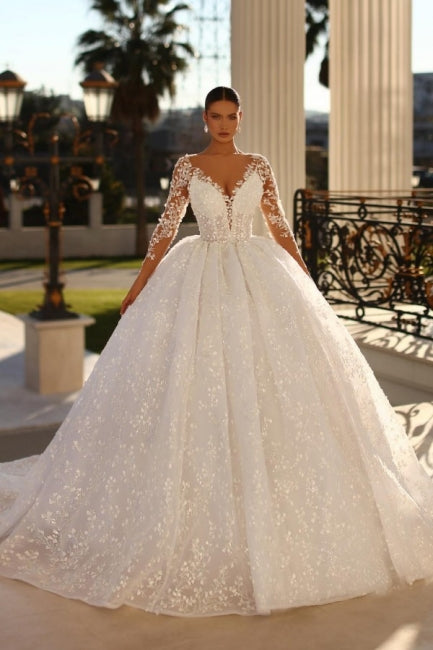 Noble Sweetheart Ball Gown with 3/4 Length Sleeves, Lace, and Rhinestones Wedding Dress