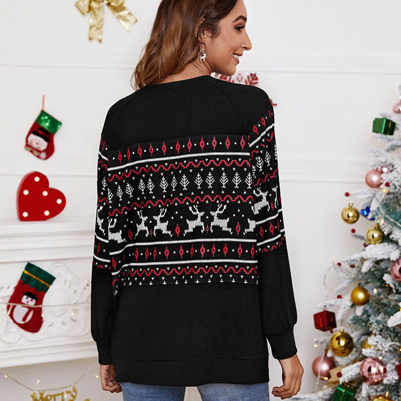 Nordic Fair Isle Crew Neck Long Sleeve Christmas Oversized Top - Black