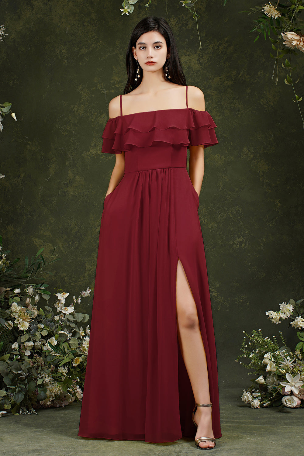 Off-the-Shoulder Bridesmaid Dresses Ruffles With Slit