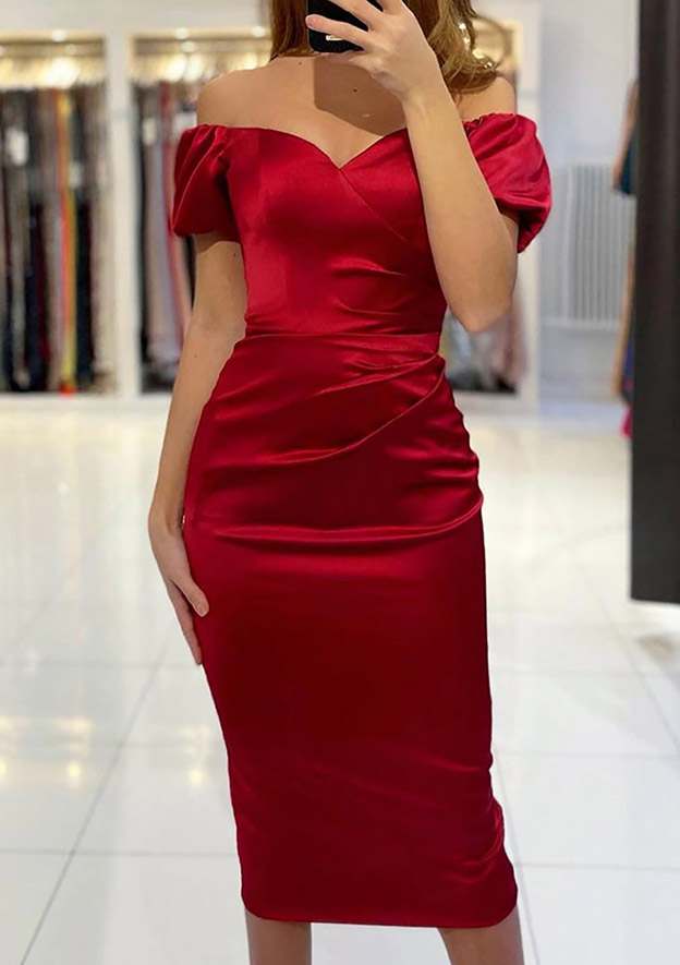 Off-the-Shoulder Short Sleeve Satin Prom Dress With Pleated Column Tea-Length