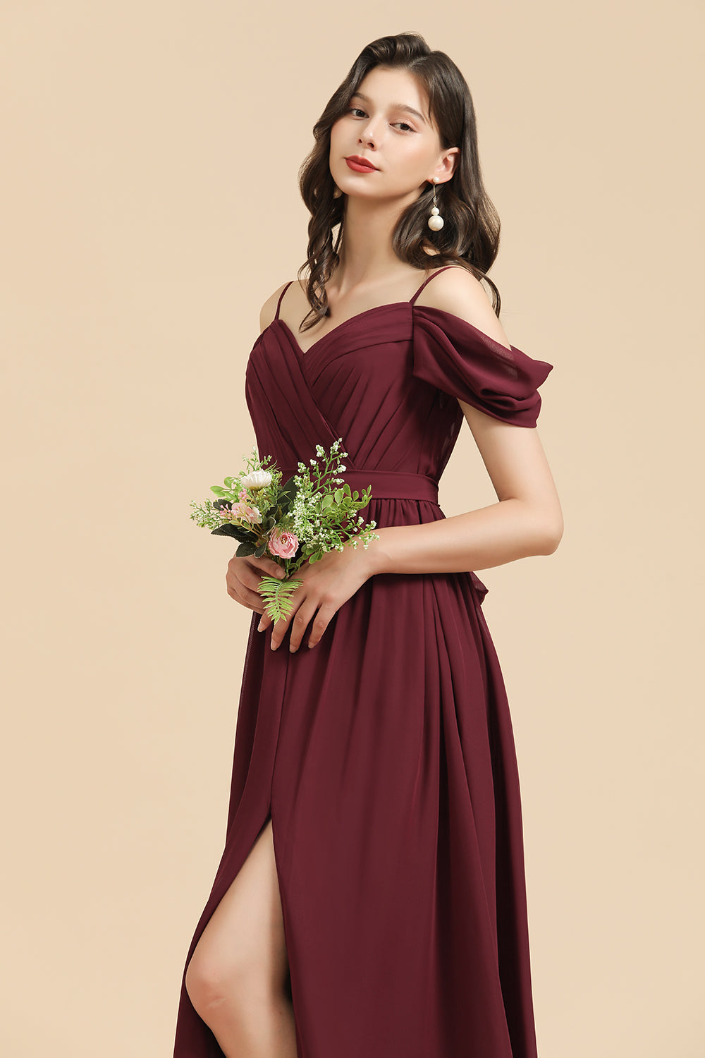 Off-the-Shoulder Sweetheart Burgundy Long Bridesmaid Dresses With Slit