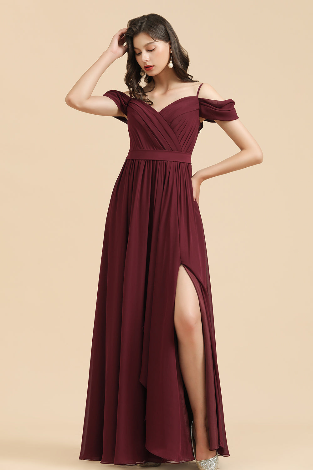 Off-the-Shoulder Sweetheart Burgundy Long Bridesmaid Dresses With Slit