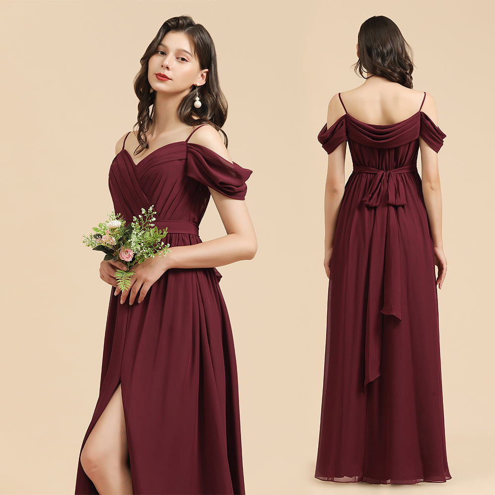 Off-the-Shoulder Sweetheart Burgundy Long Bridesmaid Dresses With Slit