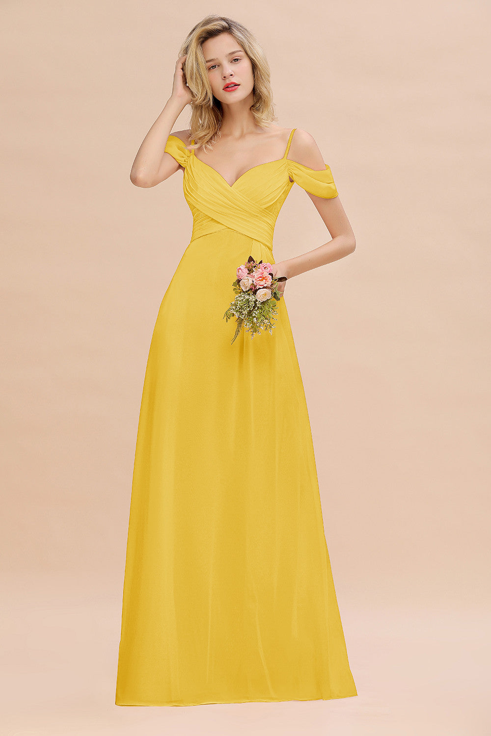 Off-the-Shoulder Sweetheart Ruched Long Bridesmaid Dresses