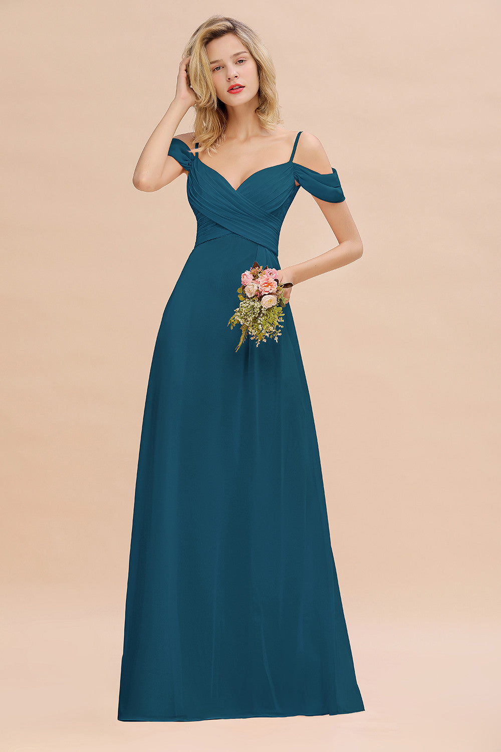 Off-the-Shoulder Sweetheart Ruched Long Bridesmaid Dresses - Fashionpara