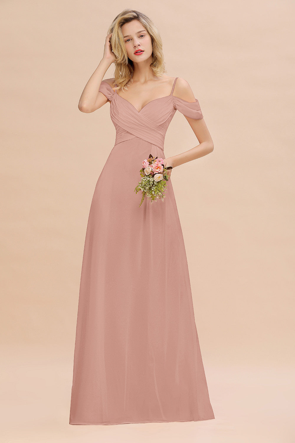 Off-the-Shoulder Sweetheart Ruched Long Bridesmaid Dresses - Fashionpara