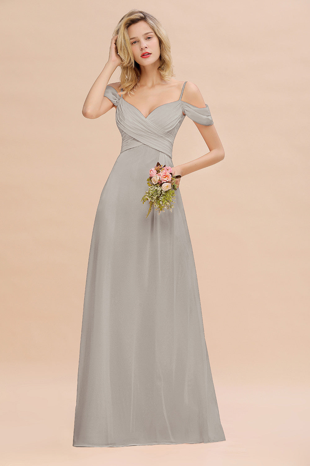 Off-the-Shoulder Sweetheart Ruched Long Bridesmaid Dresses