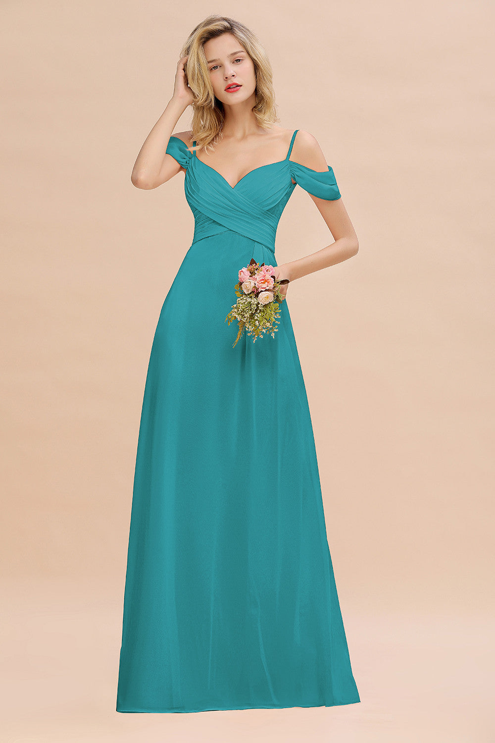 Off-the-Shoulder Sweetheart Ruched Long Bridesmaid Dresses