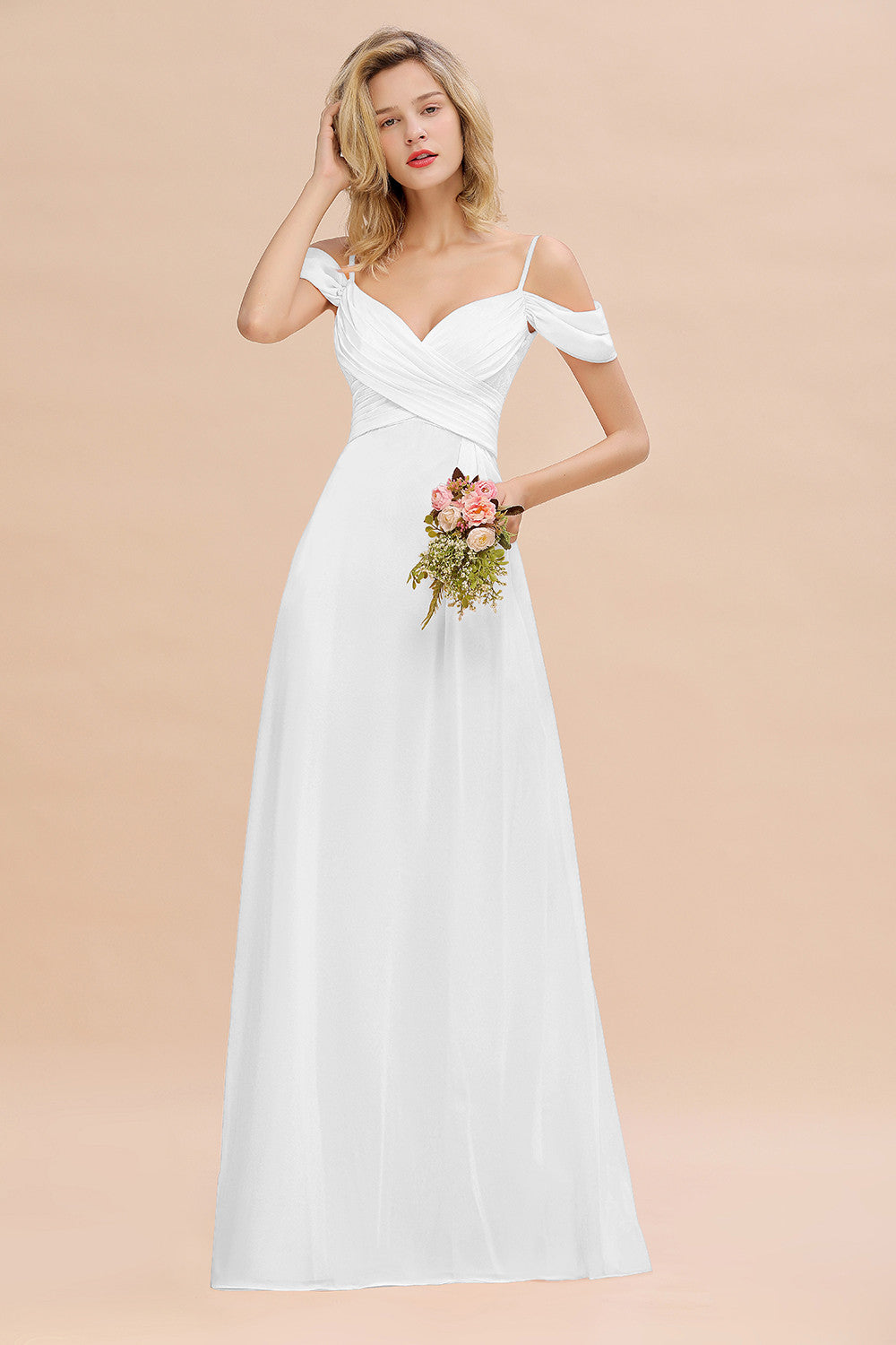 Off-the-Shoulder Sweetheart Ruched Long Bridesmaid Dresses