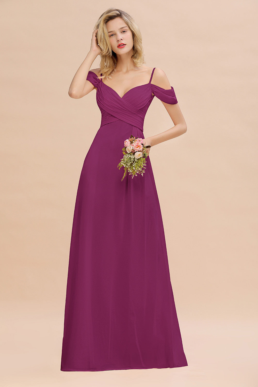 Off-the-Shoulder Sweetheart Ruched Long Bridesmaid Dresses