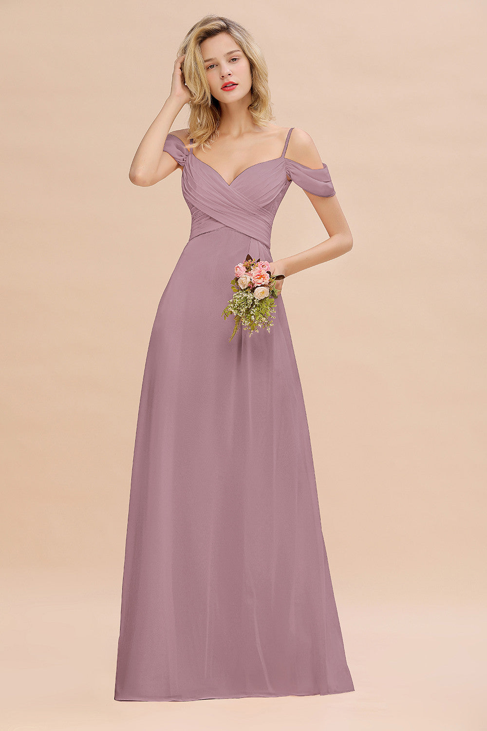 Off-the-Shoulder Sweetheart Ruched Long Bridesmaid Dresses