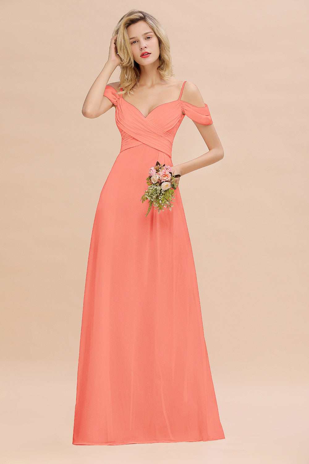 Off-the-Shoulder Sweetheart Ruched Long Bridesmaid Dresses