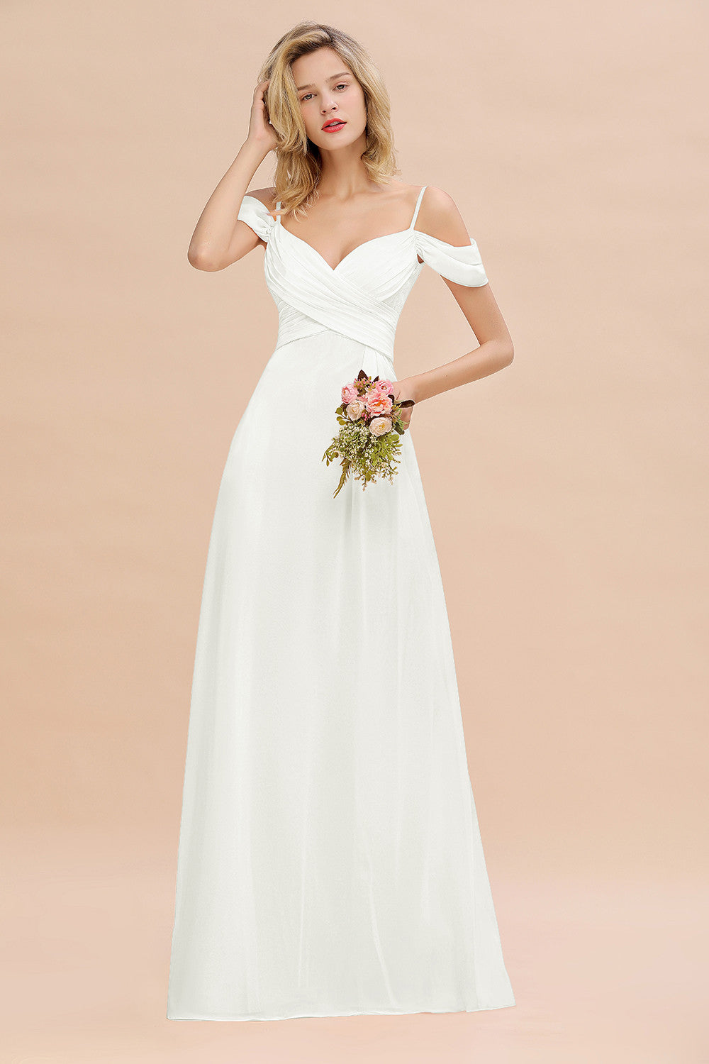 Off-the-Shoulder Sweetheart Ruched Long Bridesmaid Dresses