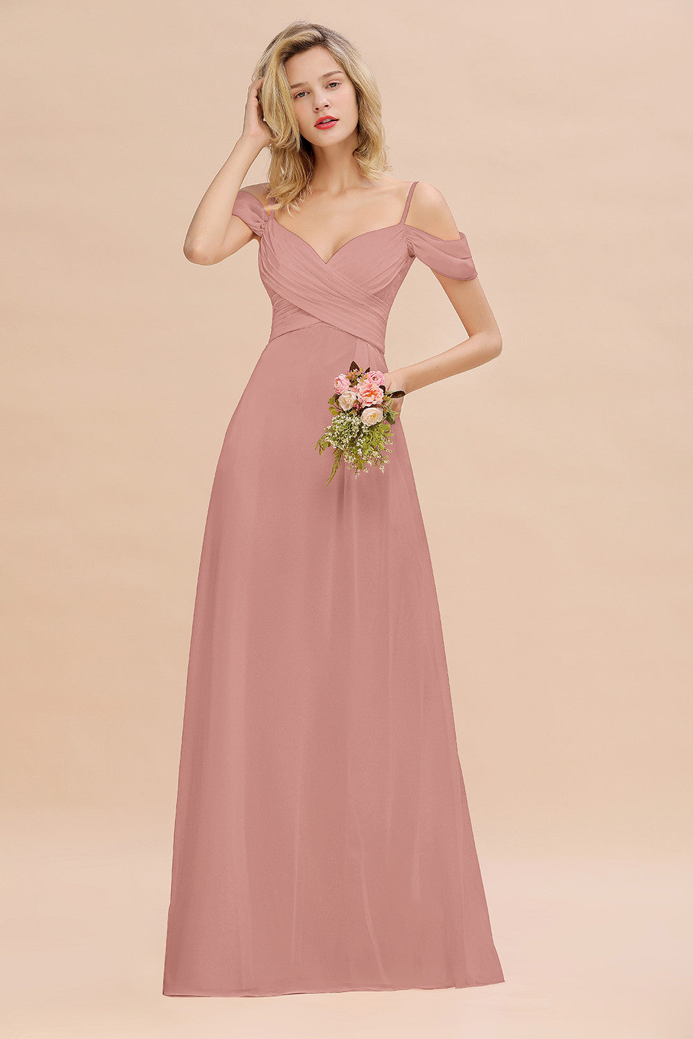 Off-the-Shoulder Sweetheart Ruched Long Bridesmaid Dresses