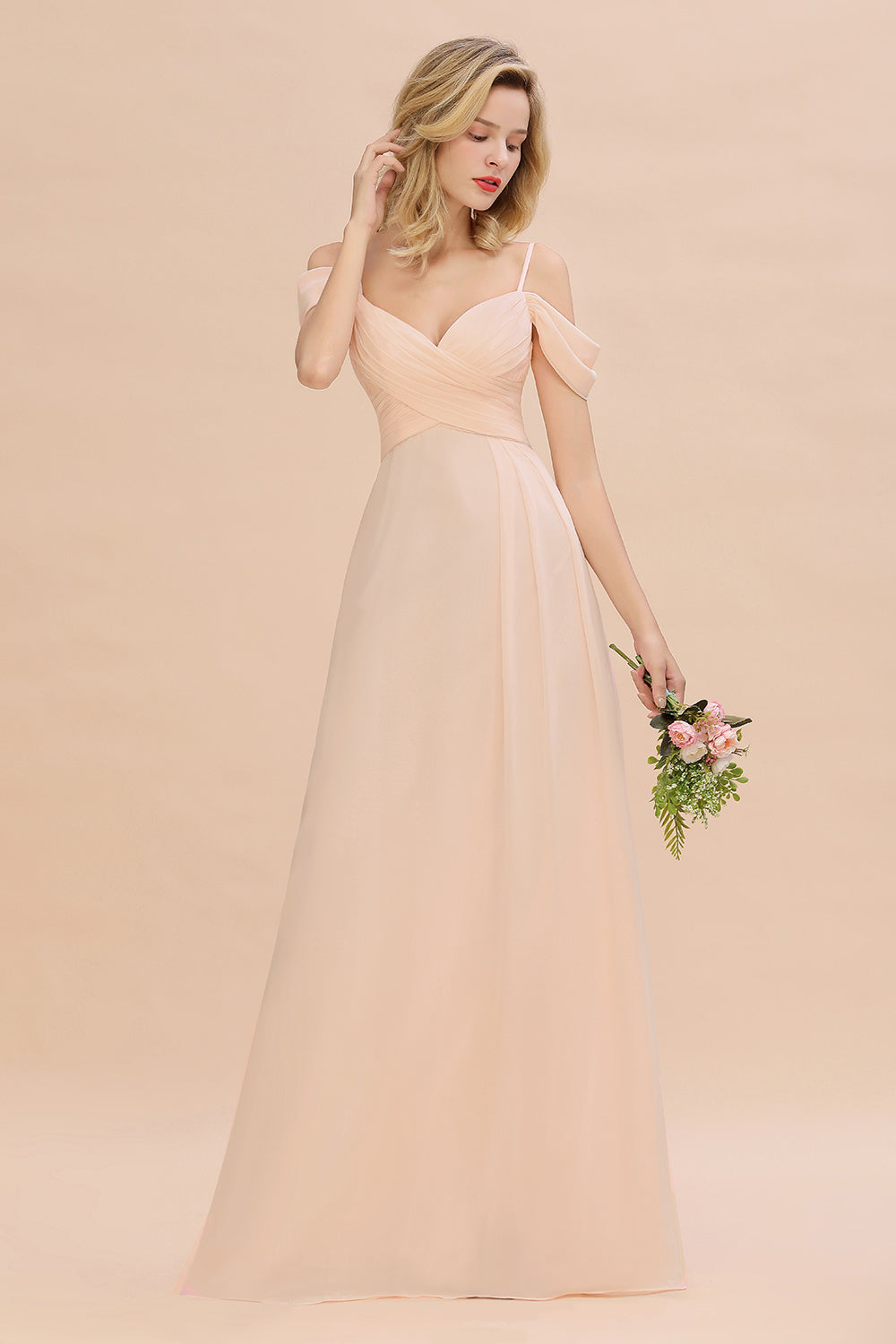 Off-the-Shoulder Sweetheart Ruched Long Bridesmaid Dresses