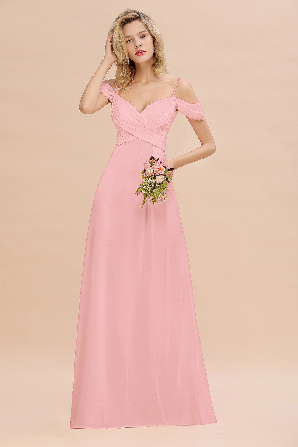 Off-the-Shoulder Sweetheart Ruched Long Bridesmaid Dresses