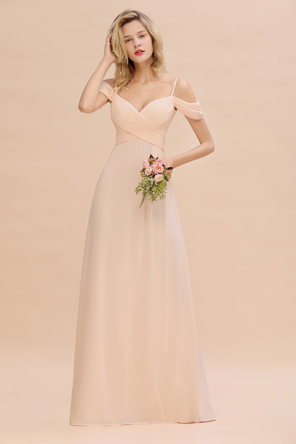 Off-the-Shoulder Sweetheart Ruched Long Bridesmaid Dresses - Fashionpara