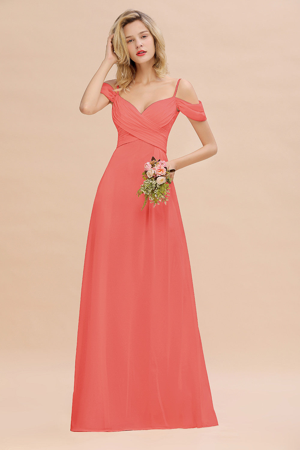 Off-the-Shoulder Sweetheart Ruched Long Bridesmaid Dresses