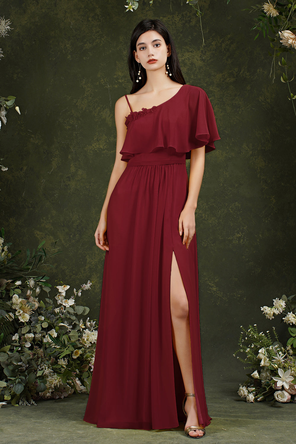 One Shoulder Ruffles Bridesmaid Dresses Long With Slit