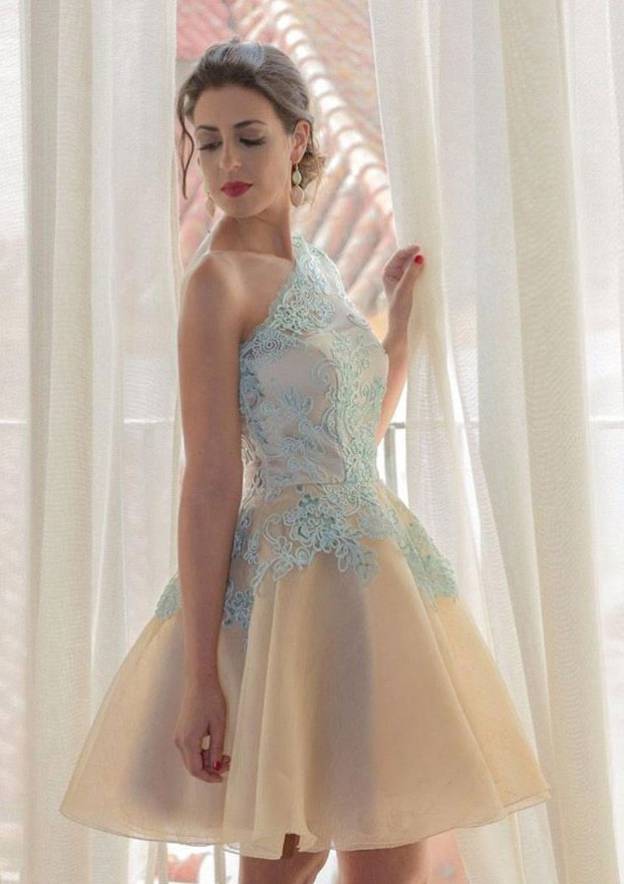 One-Shoulder Short Tulle Cocktail Dress Ball Gown With Lace