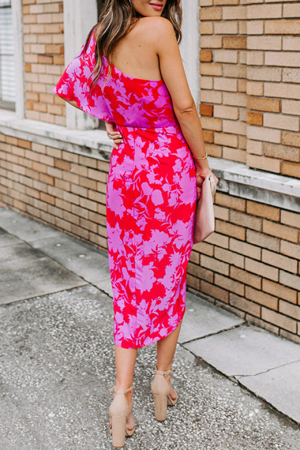 One-shoulder Print Midi Dress