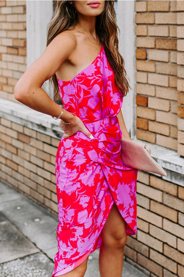 One-shoulder Print Midi Dress