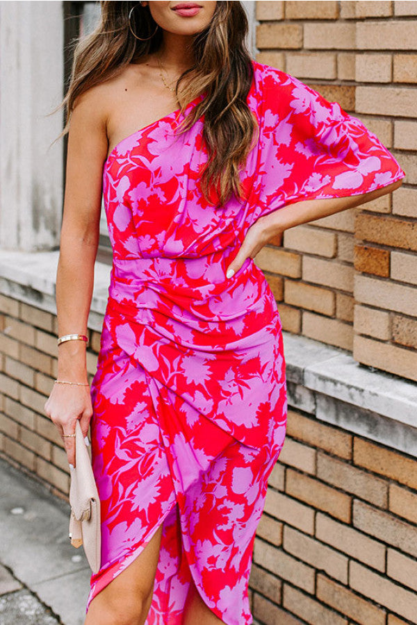 One-shoulder Print Midi Dress - Mislish