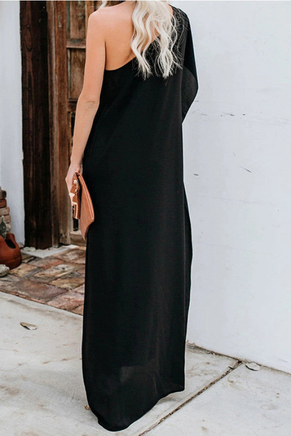 Solid One-shoulder Slit Maxi Dress