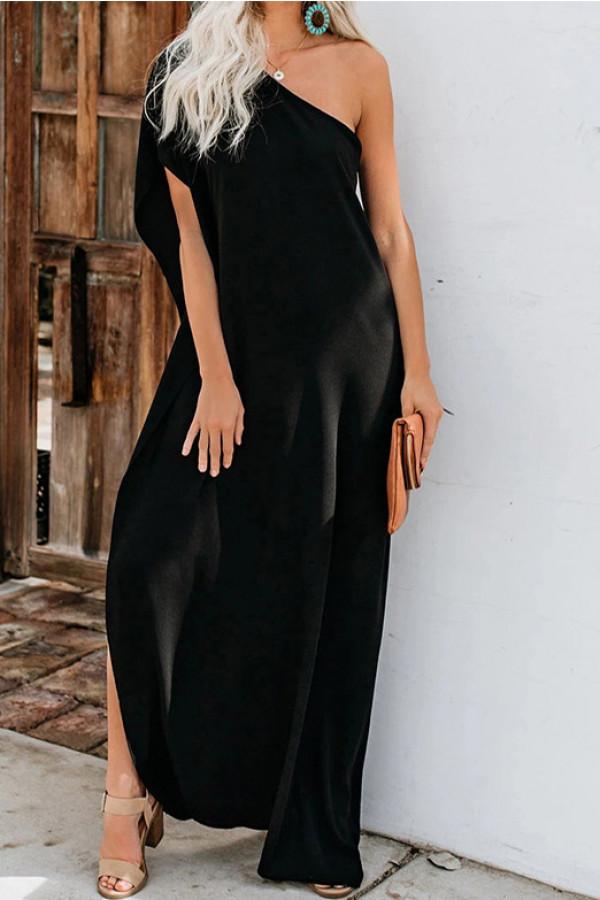 Solid One-shoulder Slit Maxi Dress