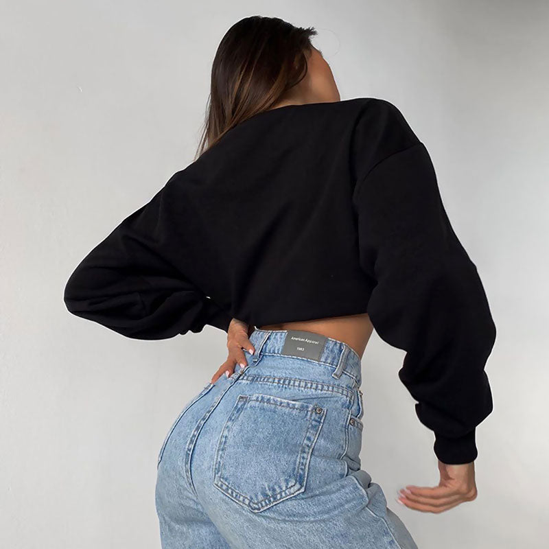 Oversized Drop Shoulder Long Sleeve Mock Neck Cropped Sweatshirt - Black