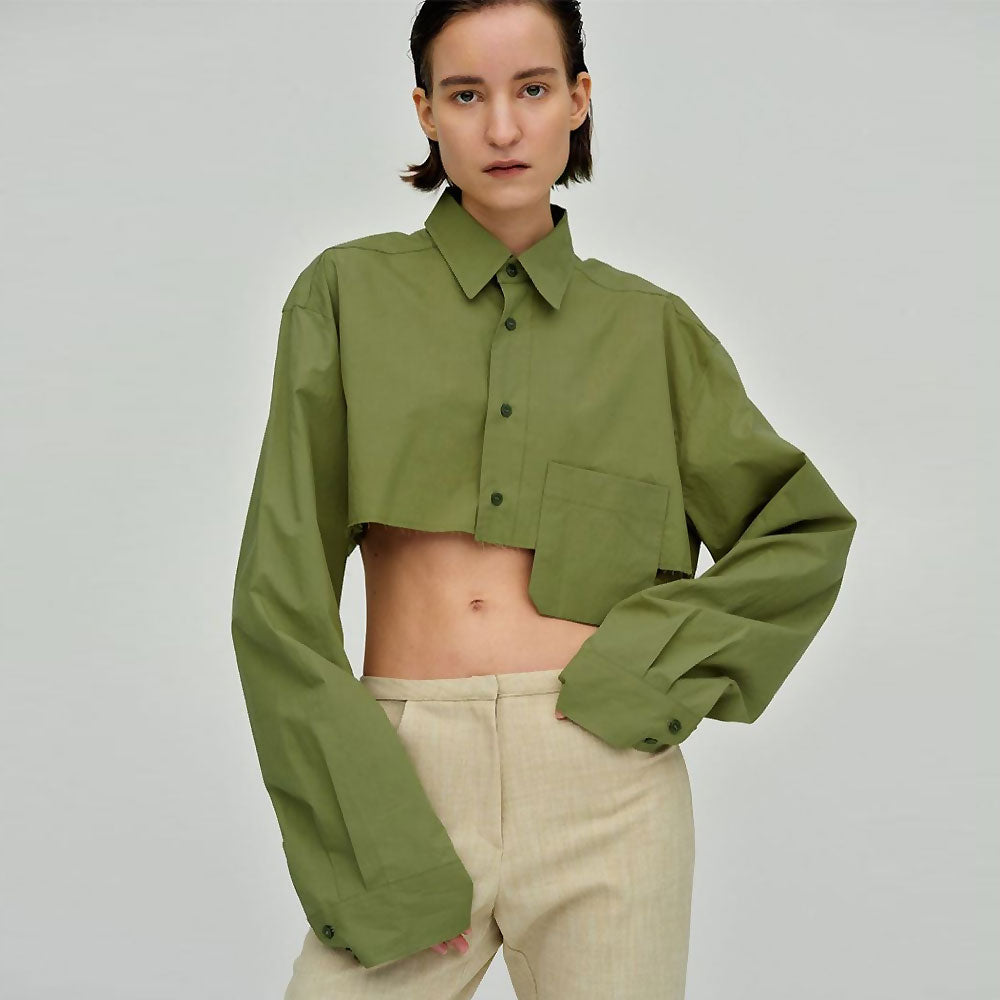 Oversized Long Sleeve Button Down Pointed Collar Cropped Shirt - Green