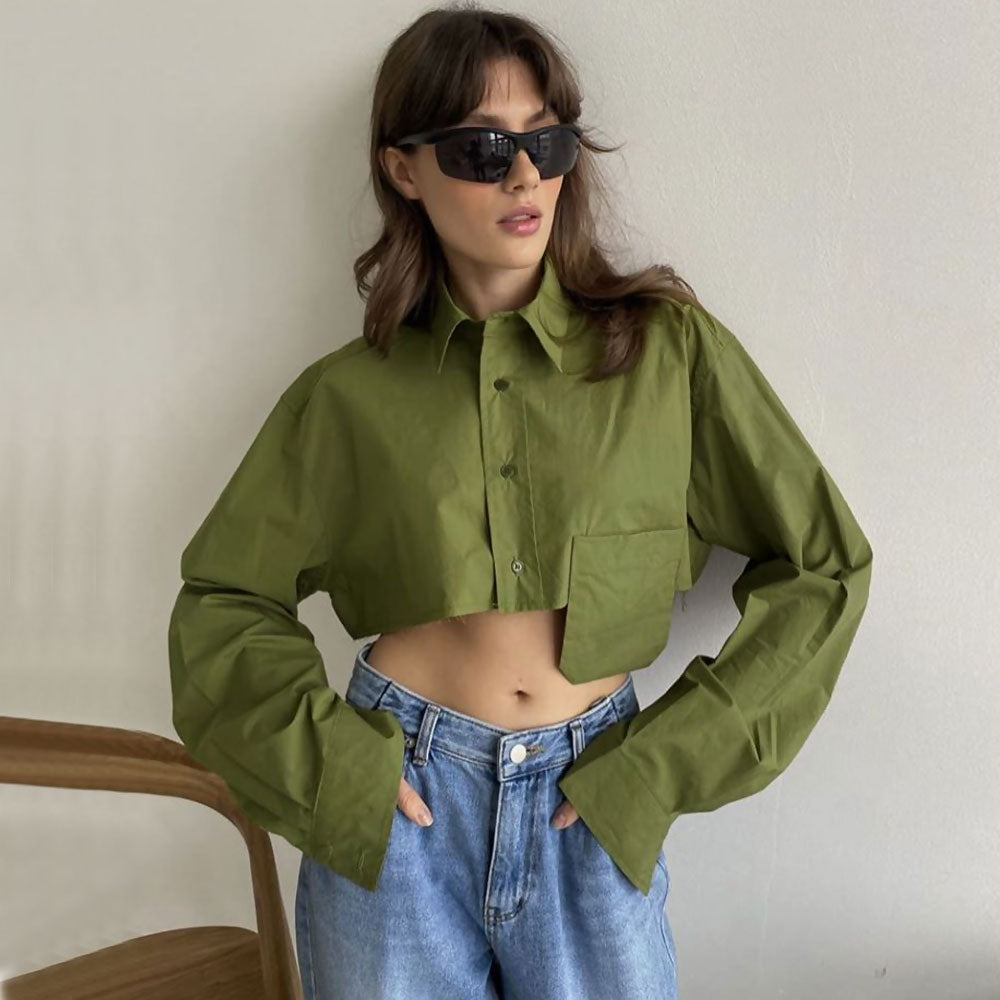 Oversized Long Sleeve Button Down Pointed Collar Cropped Shirt - Green