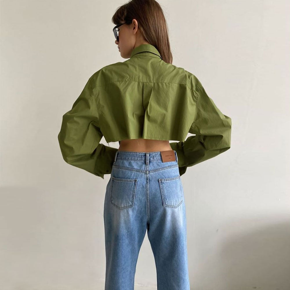 Oversized Long Sleeve Button Down Pointed Collar Cropped Shirt - Green