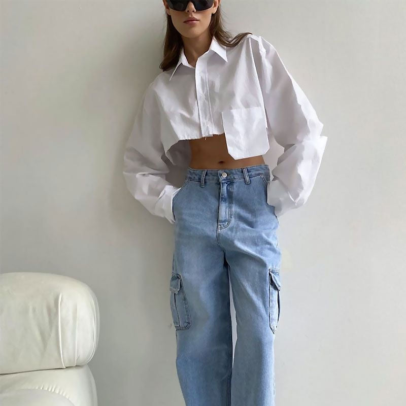 Oversized Long Sleeve Button Down Pointed Collar Cropped Shirt - White