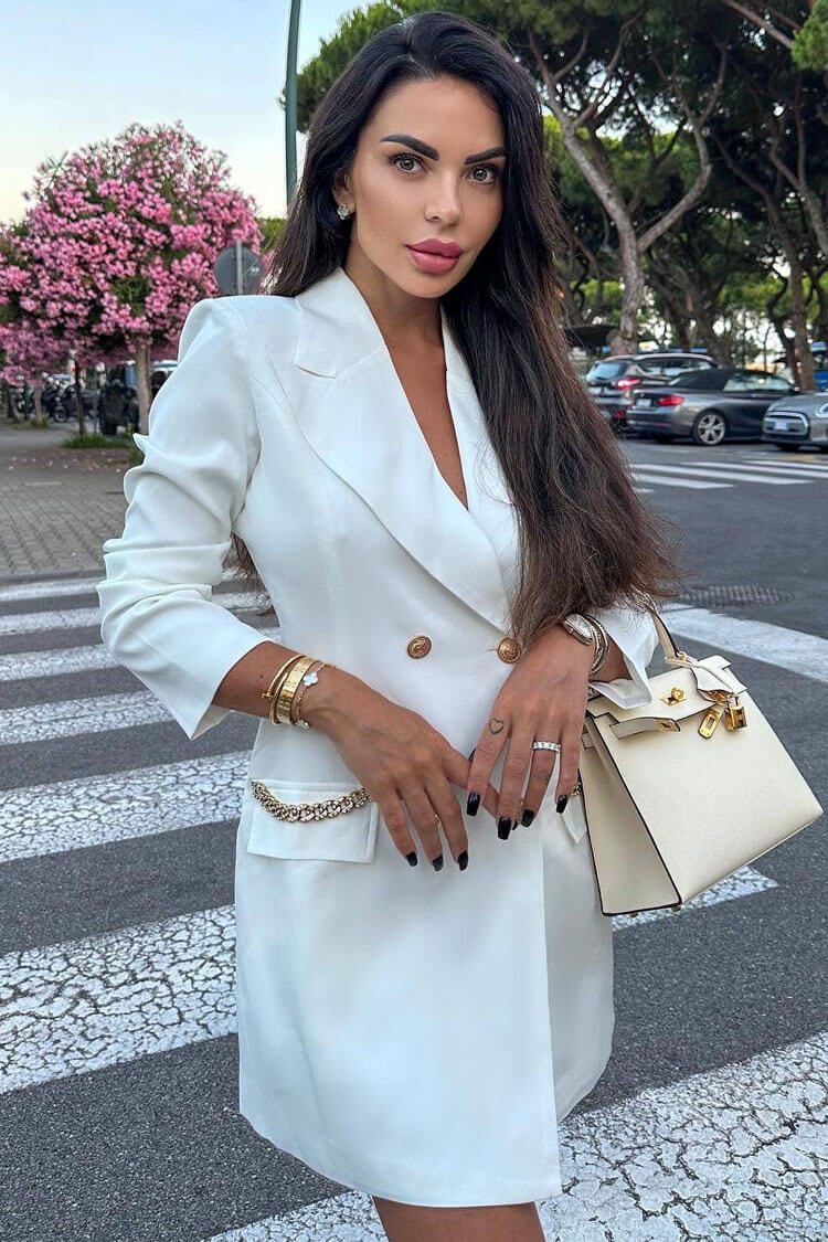 Oversized Notched Lapel Long Sleeve Chained Bodycon Blazer Mini Dress - White - Fashionpara