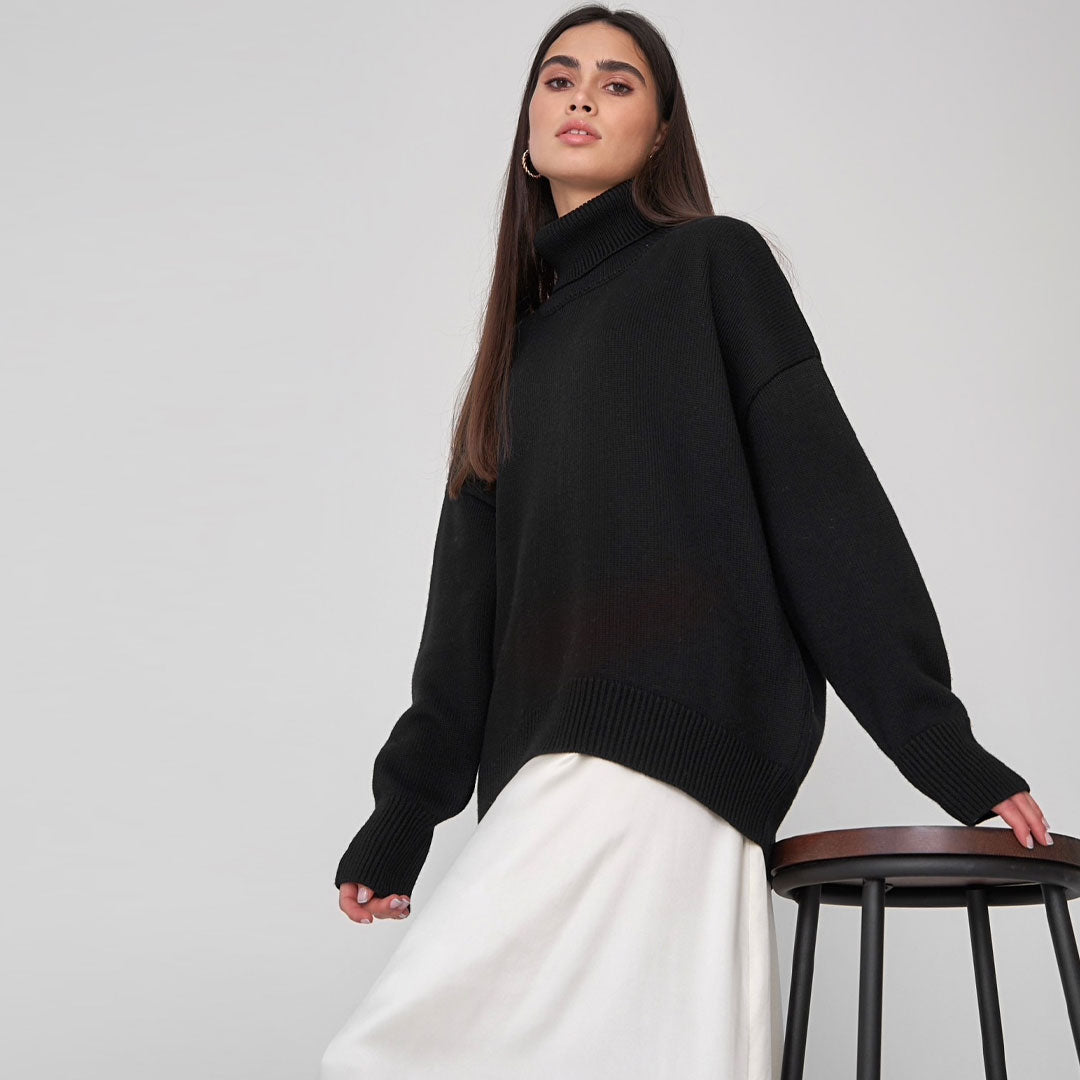 Oversized Rib Knit High Low Turtleneck Long Sleeve Sweater - Black