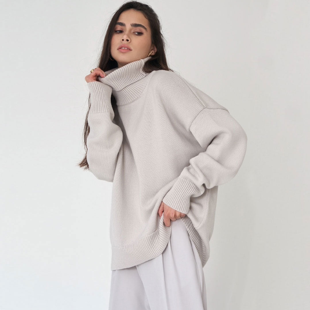 Oversized Rib Knit High Low Turtleneck Long Sleeve Sweater - Gray