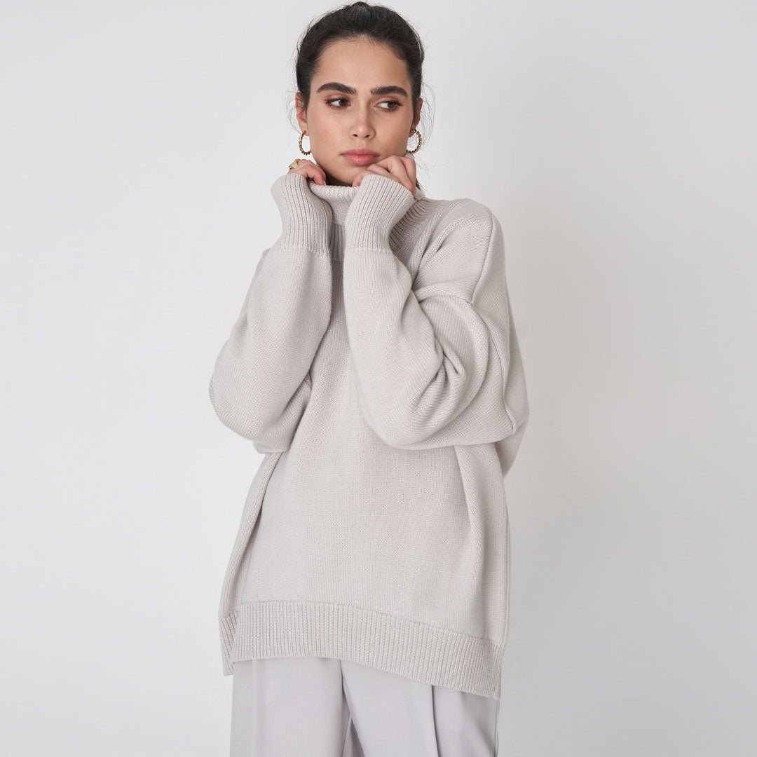 Oversized Rib Knit High Low Turtleneck Long Sleeve Sweater - Gray