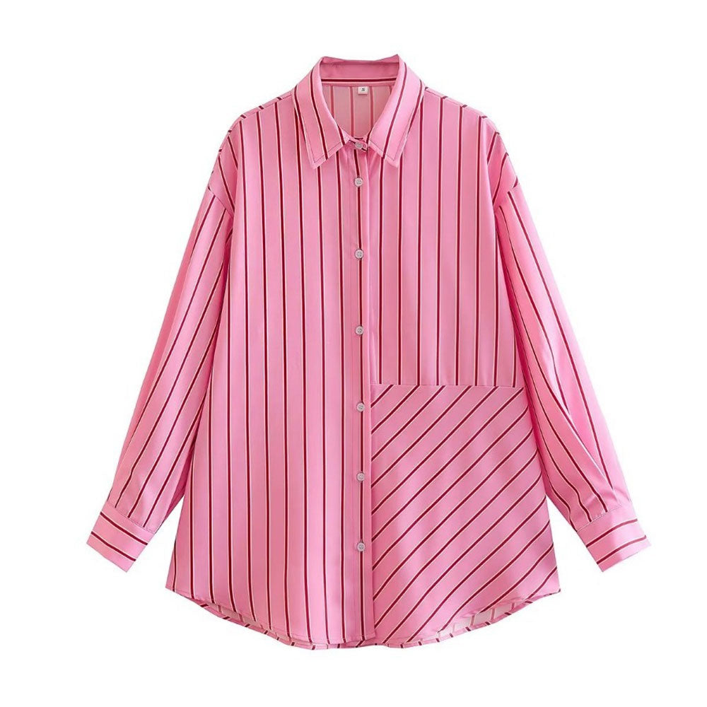 Oversized Stripe Print Button Down Long Sleeve Pointed Collar Shirt - Pink