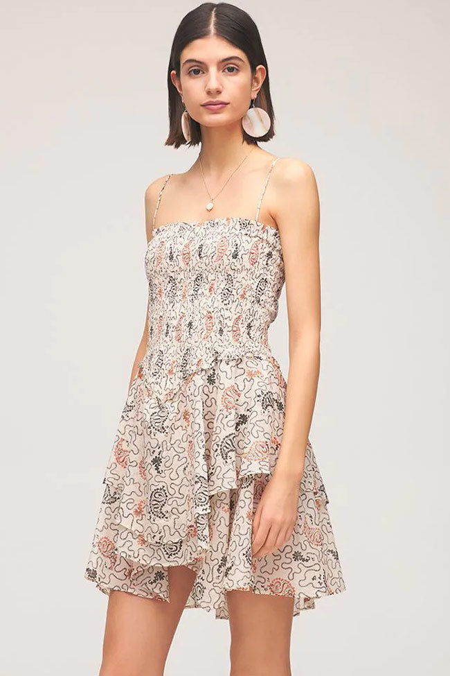 Paisley Floral Tiered Ruffle French Slip Mini Dress - Beige - Fashionpara