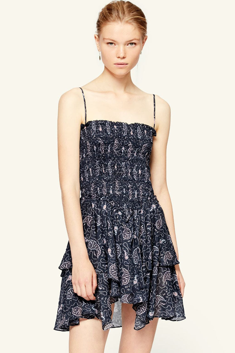 Paisley Floral Tiered Ruffle French Slip Mini Dress - Navy Blue - Fashionpara