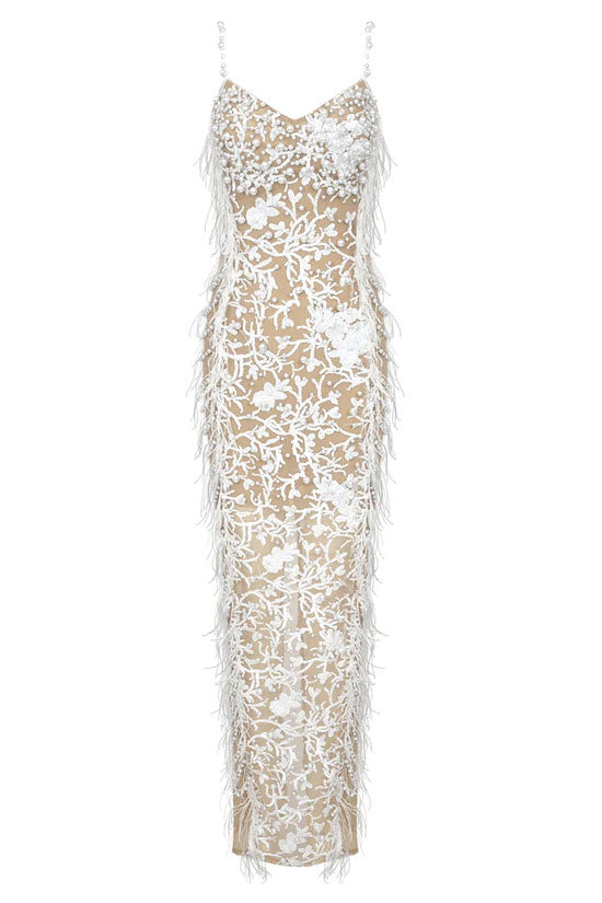 Pearlized Sweetheart Sequined Mesh Feather Side Split Slip Evening Maxi Dress - White - Fashionpara