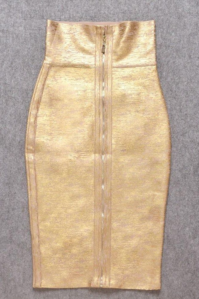 Pencil High Waist Leather Midi Skirt - Gold